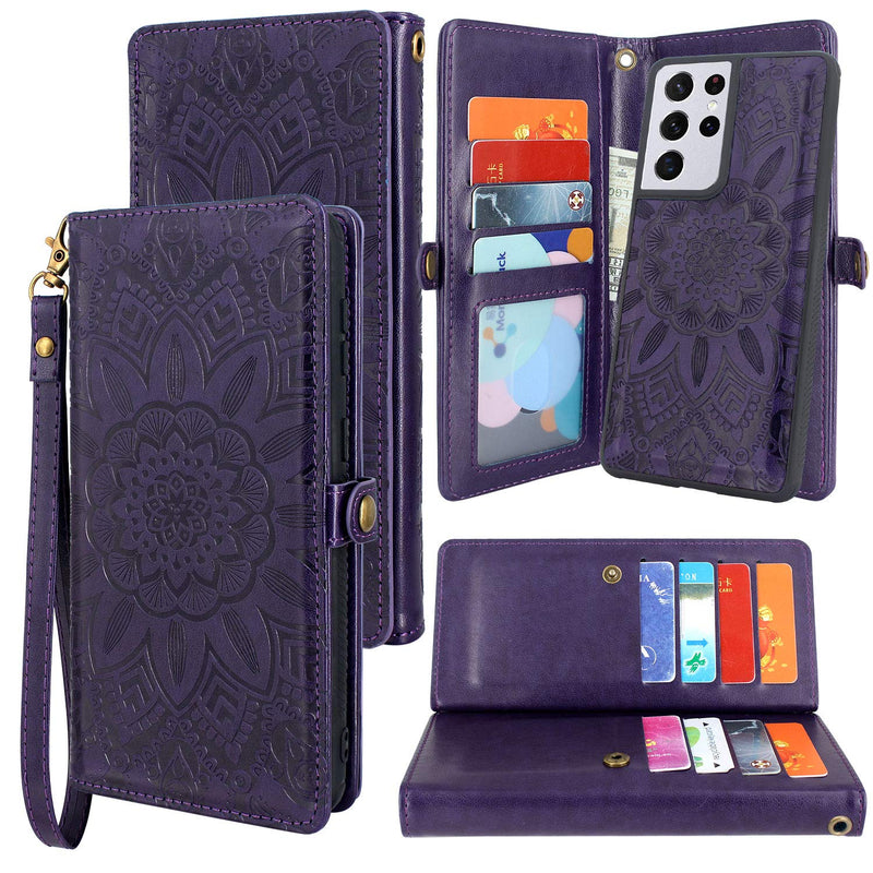 Harryshell Detachable Magnetic 12 Card Slots Wallet Case Pu Leather Flip Protective Cover Wrist Strap For Samsung Galaxy S21 Ultra 5G Sm G998U 6 8 Inch2021 Flower Purple