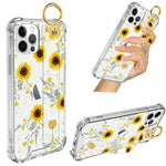 Lsl Compatible Iphone 12 Pro Max Case Clear Cover With Sunflower Flower Floral Design Pattern Wrist Strap Kickstand Soft Tpu Hard Pc Shockproof Protective Case For Women Girls Yellow