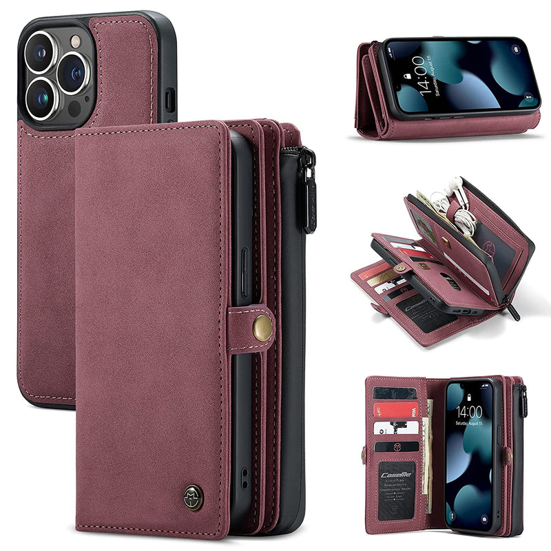 Caseme Wallet Case Compatible With Iphone 13 Pro Durable Pu Leather Magnetic Detachable Zipper Pouch Pocket Flip Phone Case For Iphone 13 Pro Case With Card Holder For Women Men 6 1 Inch Red