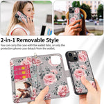 Hoggu Iphone 13 Wallet Case Magnetic Detachable Iphone 13 Case Wallet With Rfid Blocking Card Holder Hand Strap Flip Folio Pu Leather Cover Case With Floral Flower Design For Women Girls Gray