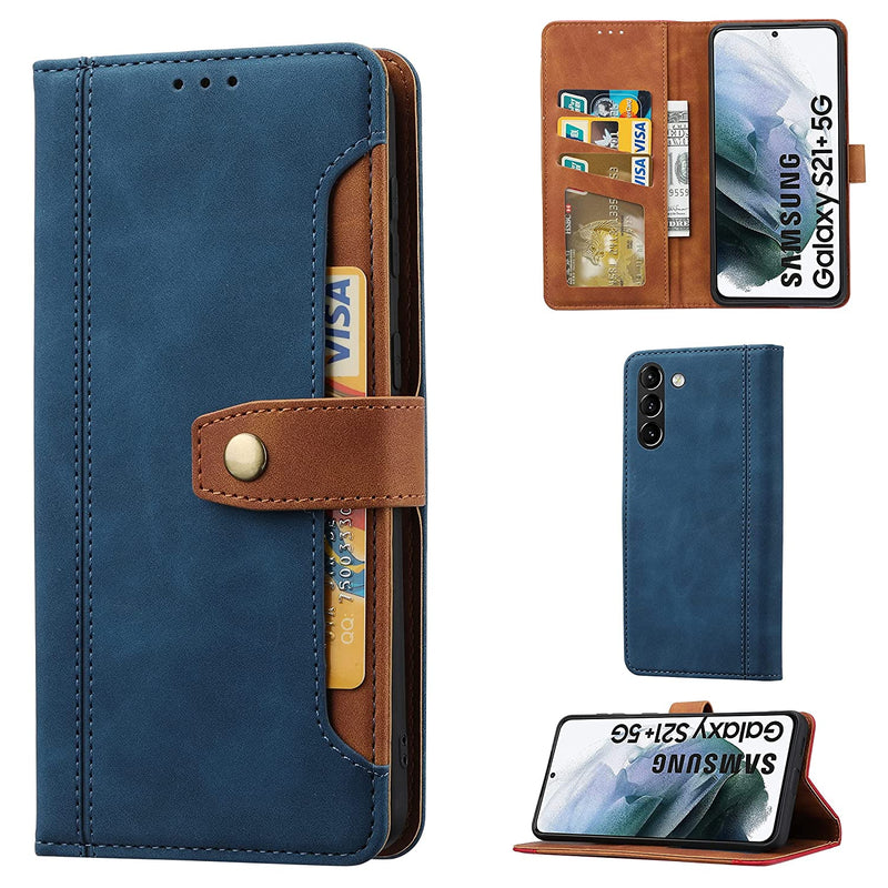 Leather Wallet Phone Case For Samsung Galaxy S21 Plus Idools Folding Flip Cases Protective Cover Strong Magnetic Closure With Card Slots Kickstand Blue