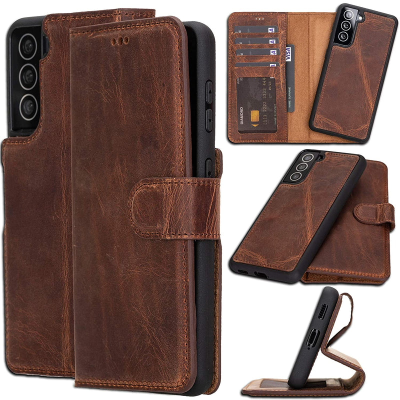 Bayelon Galaxy S21 Leather Wallet Case Rfid Shock Absorption Detachable Card Slots Kickstand Full Grain Leather Flip Cover For Samsung Galaxy S21 Antique Brown