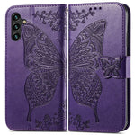 Haotp Wallet Case For Samsung Galaxy A13 5G Pu Leather Wallet Flip Protective Phone Case Wrist Strap Card Slots Holder Pocket Emboss Butterfly Flower Stand Case For Samsung Galaxy A13 5G Purple