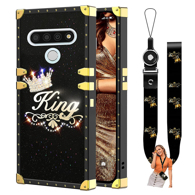 Lg Stylo 6 Case 6 8 In King Crown Luxury Glitter Diamond Plating Square Case With Lanyard Strap Soft Tpu And Hard Pc Protective Cover Case