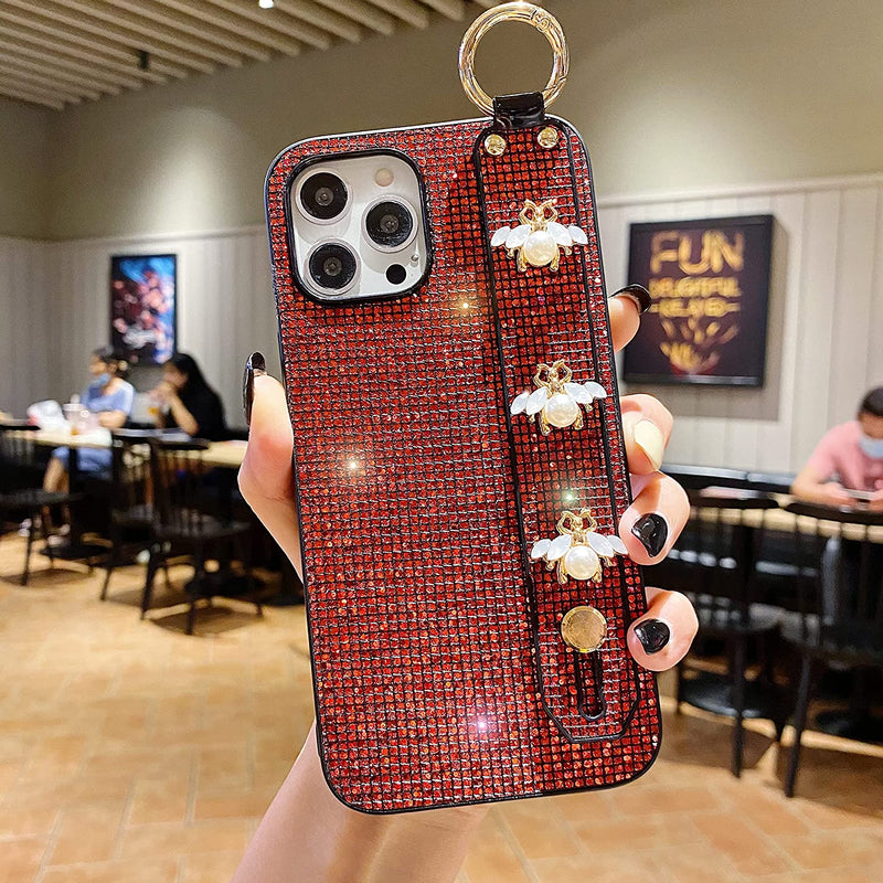 Iphone 12 Pro Max Case With Strap Stand Hosgor Luxury Glitter Sparkle Bling Diamond Wristband For Women Crystal Bee Kickstand Slim Fit Soft Protective Cover For Iphone 12 Pro Max 6 7 Inch Red