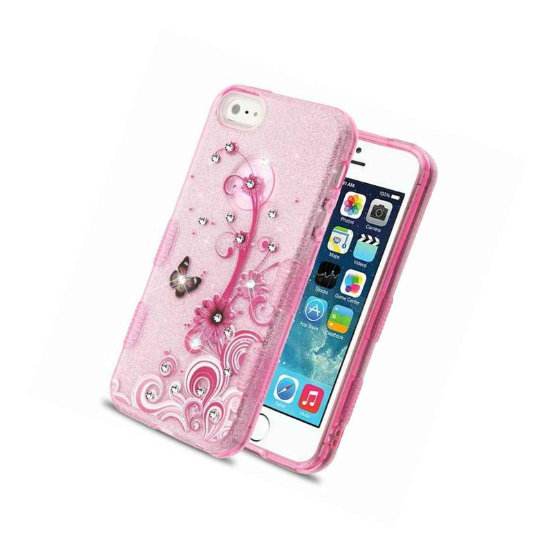 For Apple Iphone 5 5S Se Pink Butterfly Flowers Tuff Glitter Hard Hybrid Case
