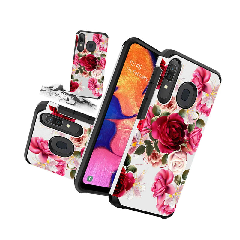 Samsung Galaxy A20 Case Red Floral Rubber Durable Hybrid Dual Layer Cover