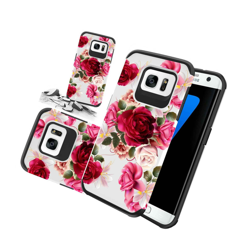 For Samsung Galaxy S7 Edge Case Red Floral Rubber Durable Dual Layer Cover
