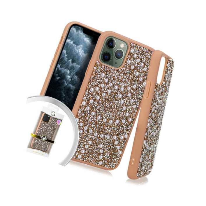 For Iphone 11 Pro Max Hard Tpu Rubber Case Cover Rose Gold Diamond Bling Pearl