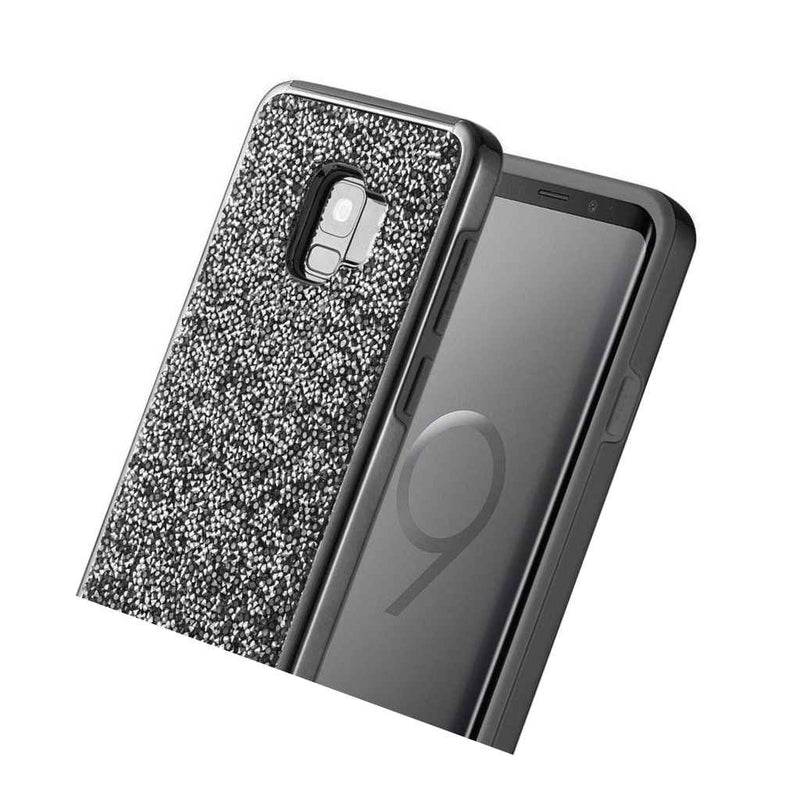 For Samsung Galaxy S9 Hard Hybrid Armor Case Cover Black Crystal Diamond Studs