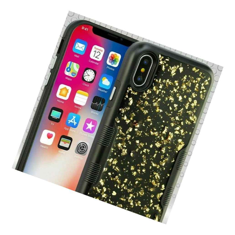 For Iphone X Xs Hard Hybrid Impact Armor Case Cover Black Gold Sparkle Foil
