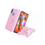 For Samsung Galaxy A11 Hard Rubber Shiny Pink Glitter Kickstand Holder Case
