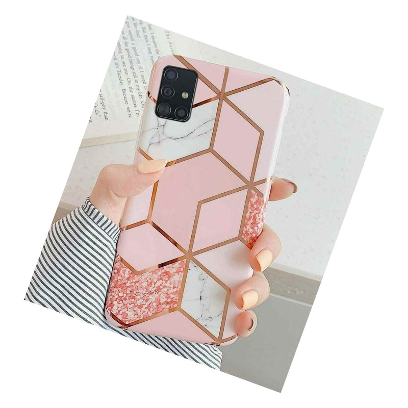 For Samsung Galaxy A51 Glossy Tpu Rubber Case Cover Pink Geometric Marble Skin