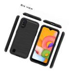 For Samsung Galaxy A01 Hard Hybrid Armor Black Brushed Phone Case Skin Cover