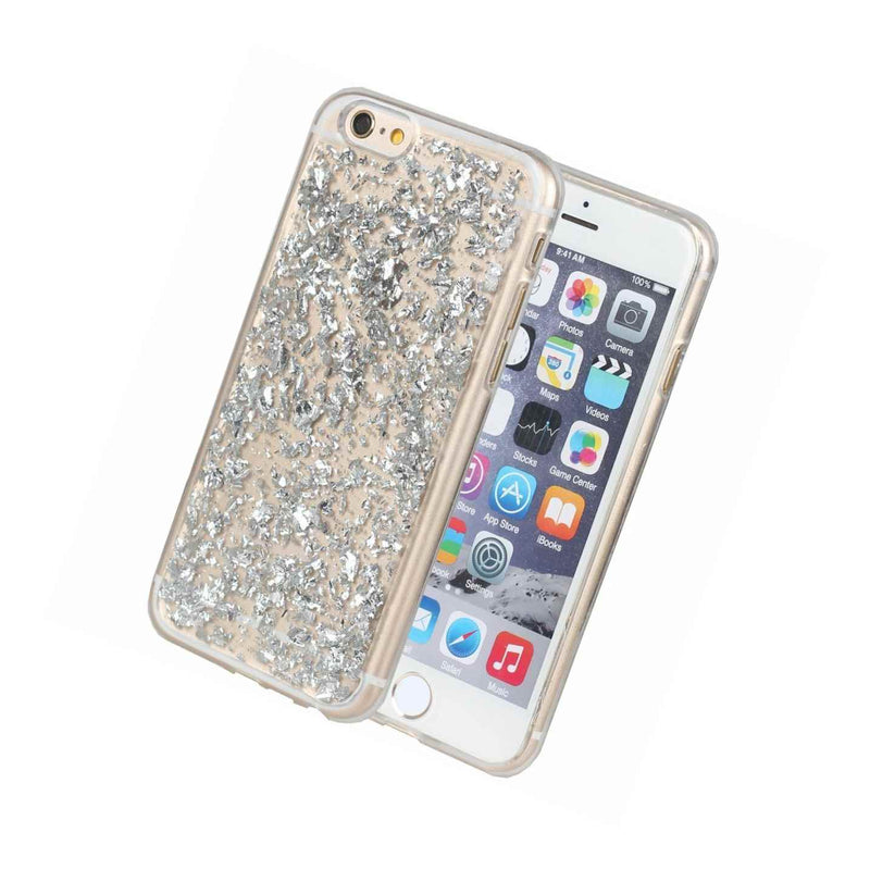 For Iphone Se 5S Tpu Rubber Gummy Case Cover Silver Sparkling Foil Flakes
