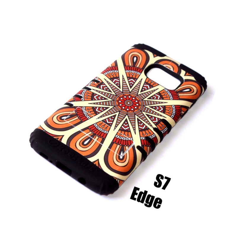 For Samsung Galaxy S7 Edge Hard Soft Hybrid Armor Case Cover Orange Aztec Ray