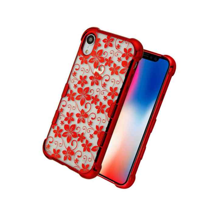 For Iphone Xr 6 1 Hard Rubber Gummy Case Cover Red Clear Hibiscus Flowers