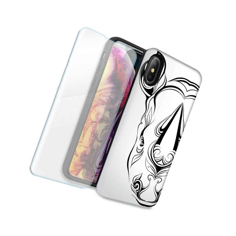 Abstract White Rhino Double Layer Case Glass Screen For Apple Iphone X Xs