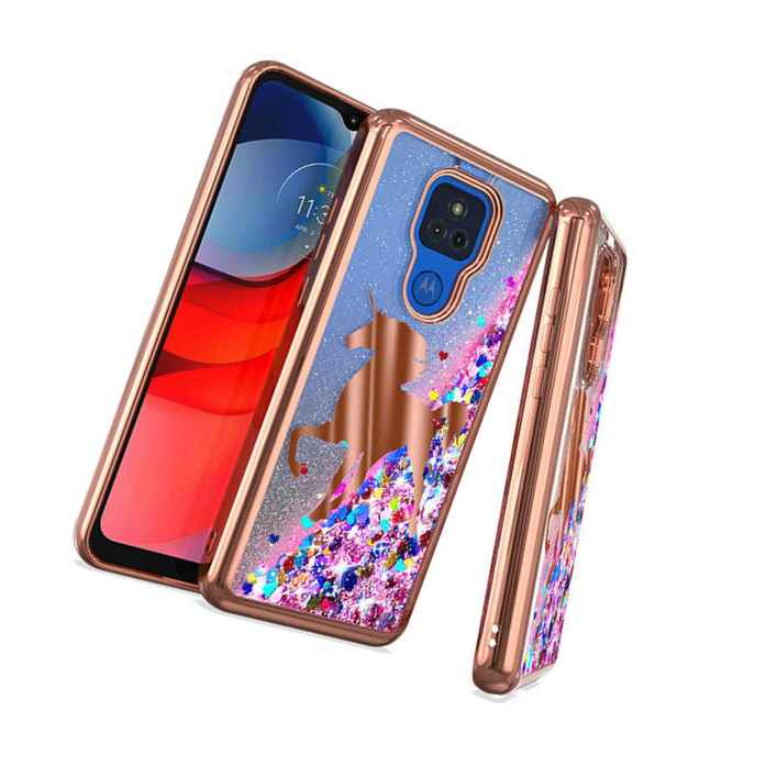 For Motorola Moto G Play 2021 Floating Liquid Glitter Case Rose Gold Unicorn