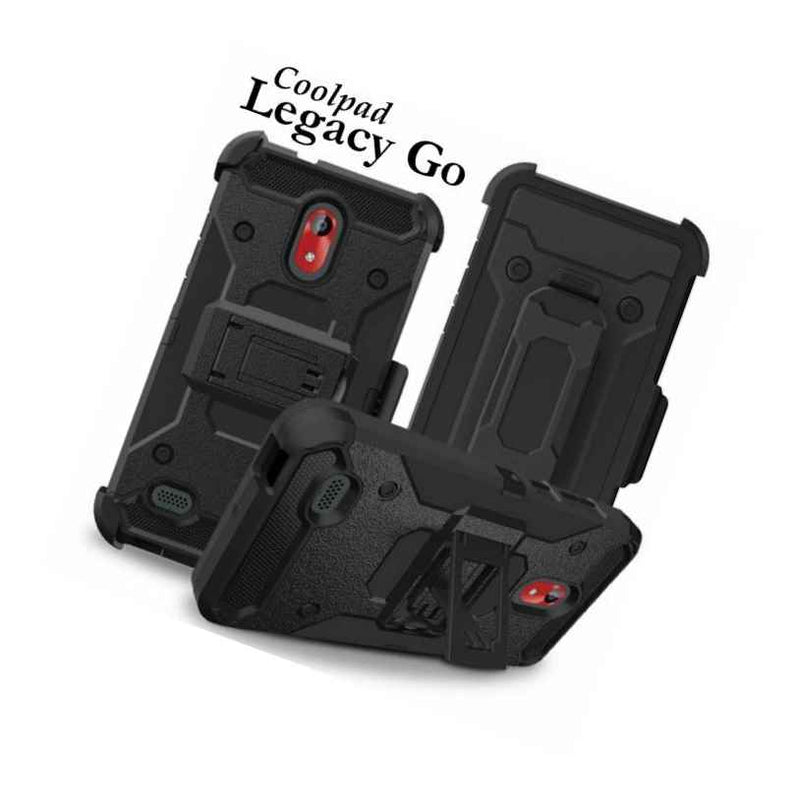 For Coolpad Legacy Go Hard Hybrid Armor Phone Case Black Holster W Belt Clip