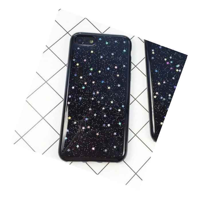 For Iphone 6 6S Hard Tpu Rubber Gummy Case Cover Black Glitter Silver Stars