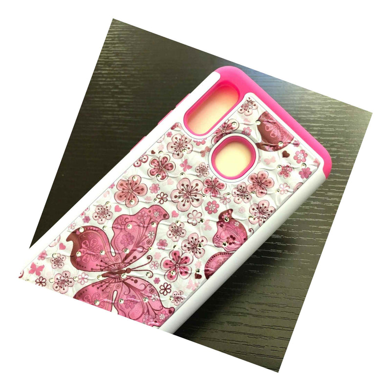 For Samsung Galaxy A20 A30 A50 Hard Hybrid Diamond Bling Case Pink Butterfly