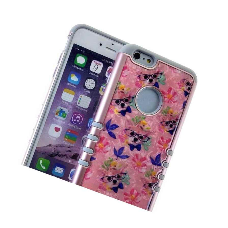 For Iphone 6 6S Hard Soft Rubber Hybrid Armor Case Pink Flower Puppies Dog