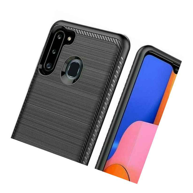For Samsung Galaxy A21 Hard Hybrid Armor Impact Black Brushed Metal Case Cover
