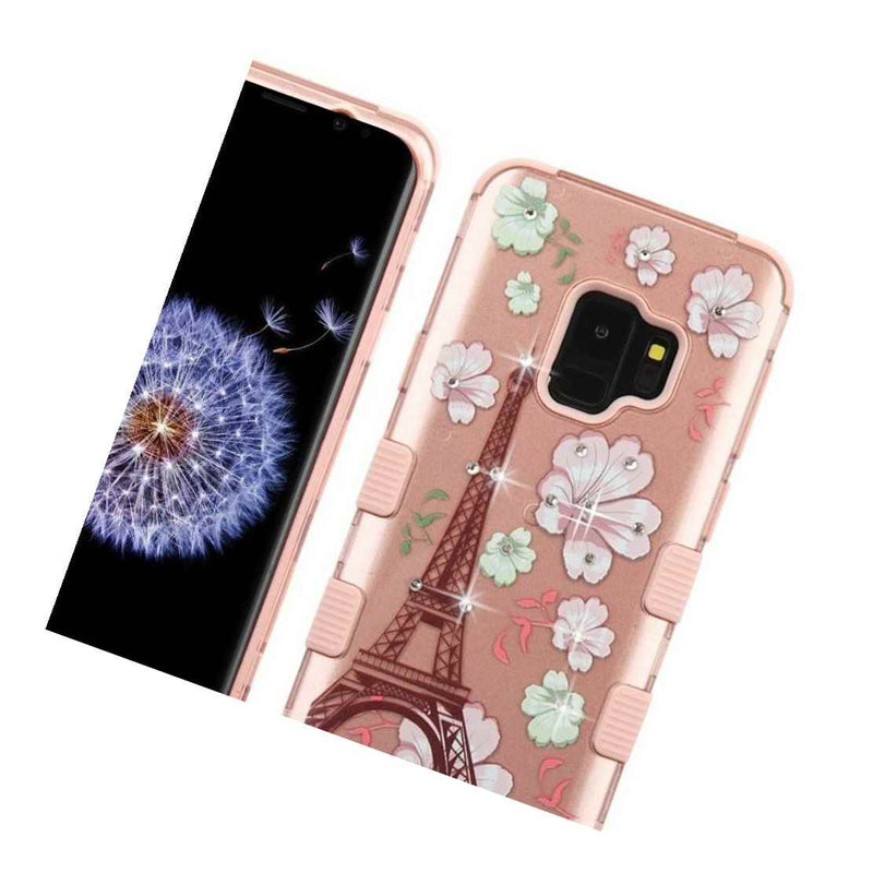 For Samsung Galaxy S9 Hybrid Diamond Bling Case Rose Gold Paris Eiffel Tower