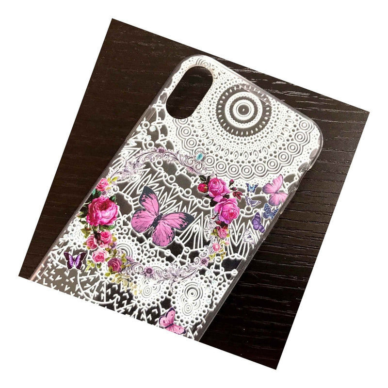 Iphone X Xs Tpu Rubber Silicone Case Cover Pink White Butterfly Flower Lace