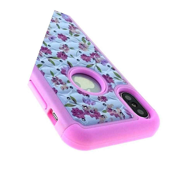 Iphone X Xs Hybrid Hard Soft Armor Case Cover Diamond Bling Pink Flowers