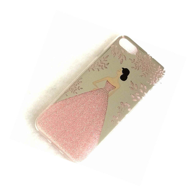 For Iphone 7 8 Tpu Rubber Gummy Case Cover Pink Floral Glitter Wedding Dress