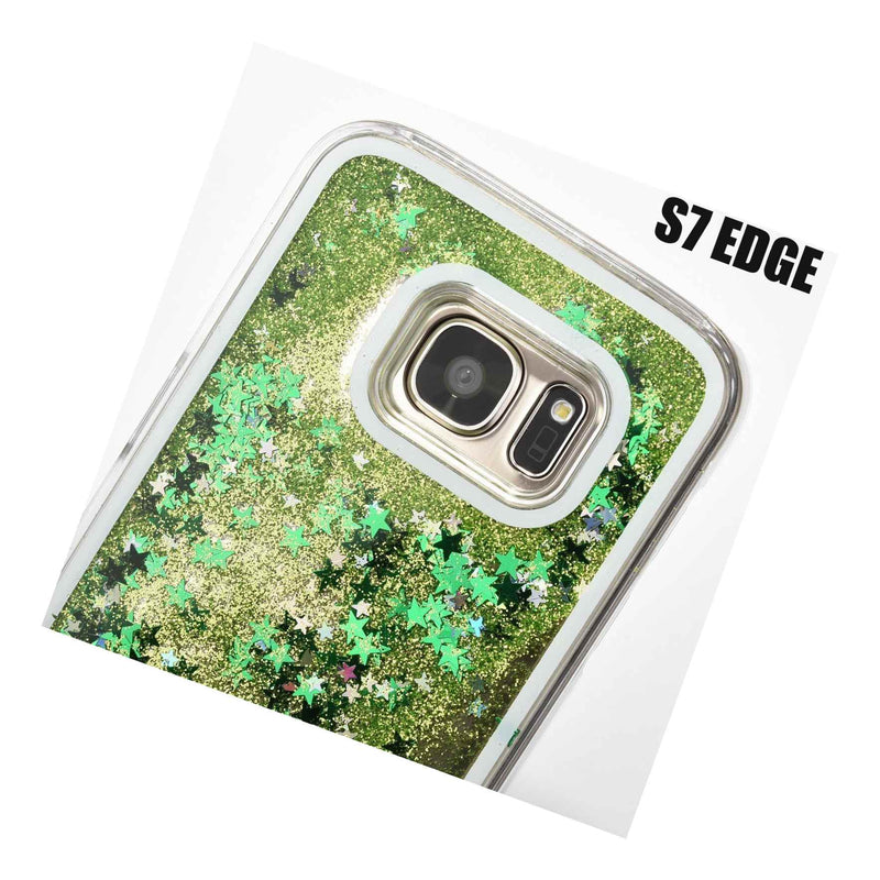 For Samsung Galaxy S7 Edge Green Flowing Liquid Case Waterfall Glitter Stars
