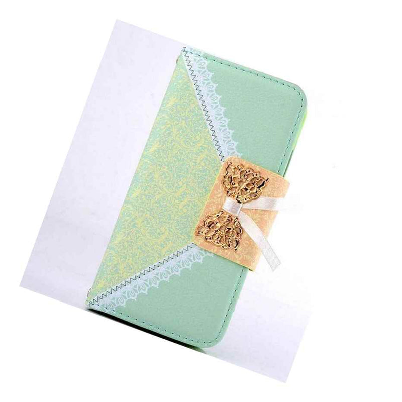 For Iphone 6 6S Leather Card Wallet Holder Pouch Case Mint Green Lace Bow