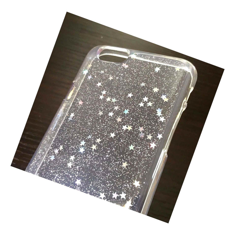 For Iphone 6 6S Hard Tpu Rubber Gummy Case Cover Clear Glitter Silver Stars