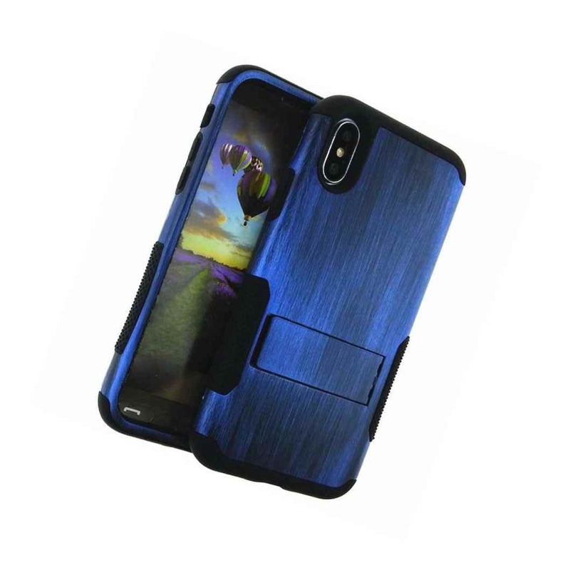 Iphone X Xs Hybrid Hard Soft Kickstand Armor Case Cover Plastic Blue Wood