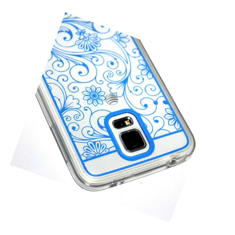 For Samsung Galaxy S5 Hard Gummy Rubber Tpu Skin Case Clear Blue Lace Flowers