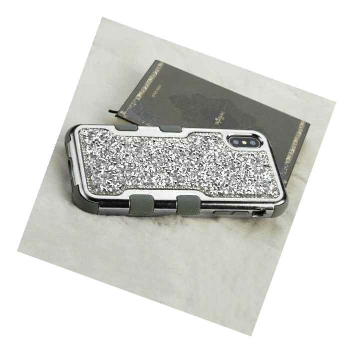 For Iphone X Xs Hard Hybrid Armor Case Cover Silver Plating Diamond Studs