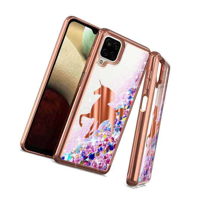 For Samsung Galaxy A12 Waterfall Liquid Glitter Rubber Case Rose Gold Unicorn