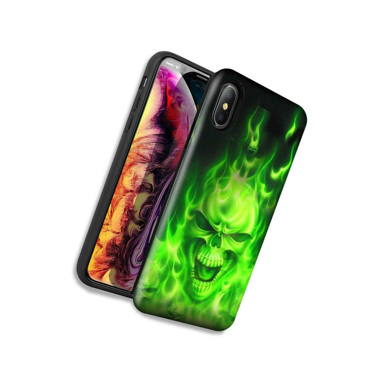 Green Flaming Skull Double Layer Hybrid Case Cover For Apple Iphone Xs Max