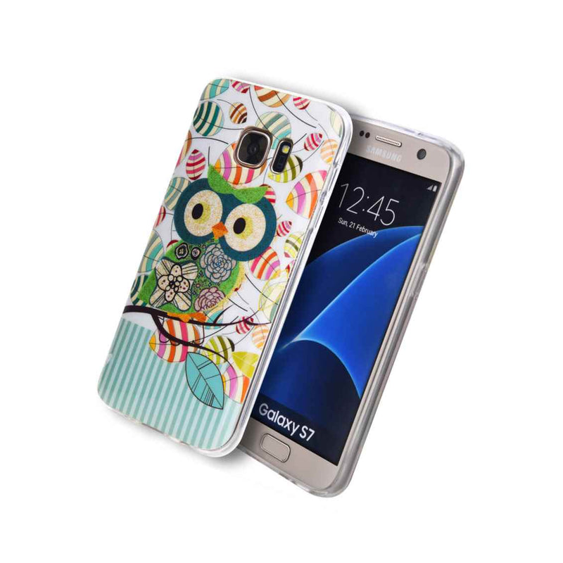 For Samsung Galaxy S7 Hard Tpu Rubber Skin Case Cover Green Glitter Flower Owl