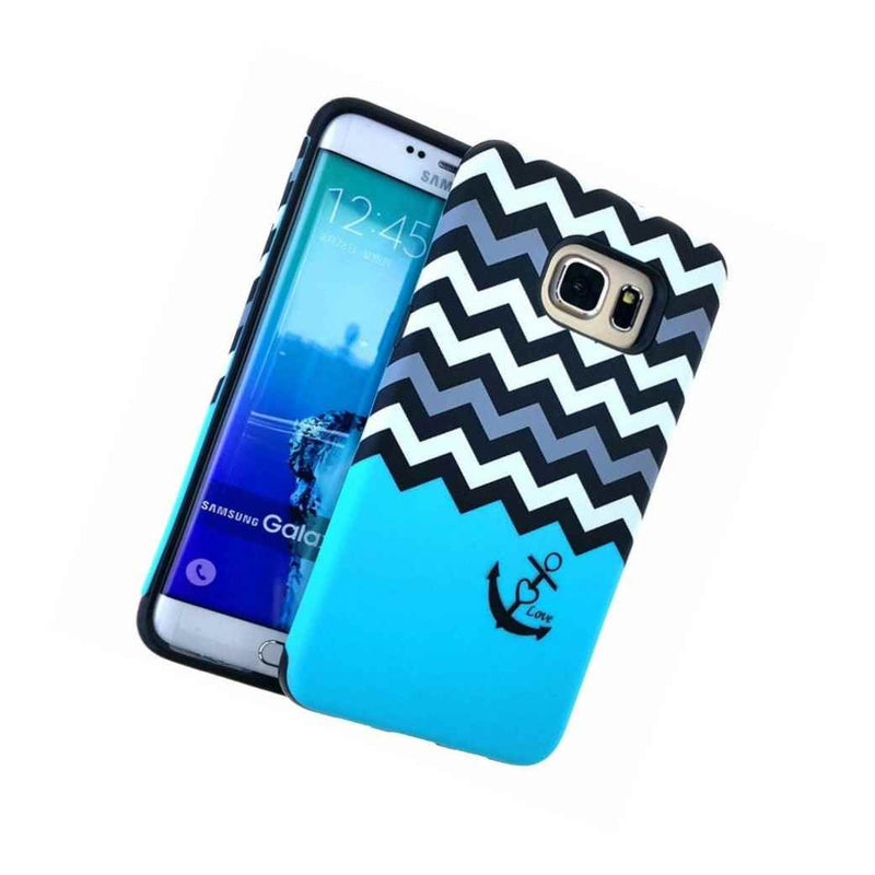 For Samsung Galaxy S6 Edge Plus Hard Rubber Hybrid Case Blue Chevron Anchor