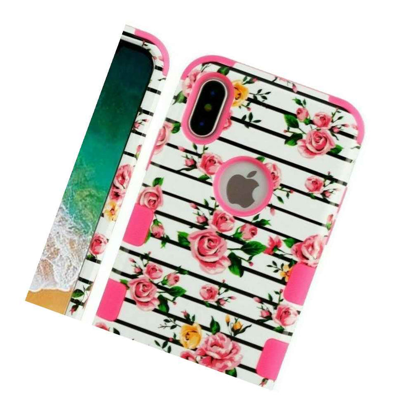 For Iphone X Xs Hybrid Hard Impact Armor Case Cover Pink Stripe Rose Flowers