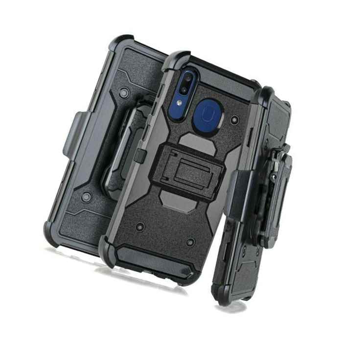 For Samsung Galaxy A50 A20 Hard Hybrid Armor Black Holster Belt Clip Case