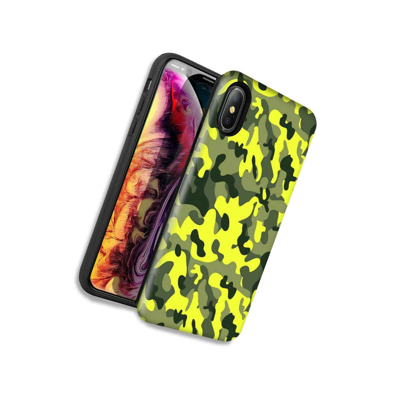 Yellow Green Camo Double Layer Hybrid Case Cover For Apple Iphone Xr