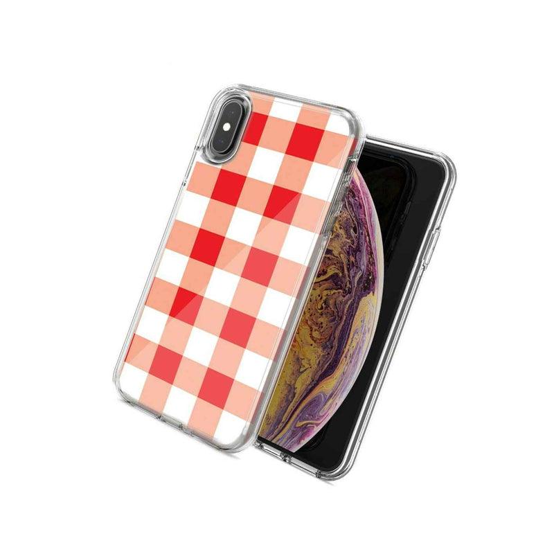 For Apple Iphone X Xs Red Plaid Design Double Layer Phone Case Cover