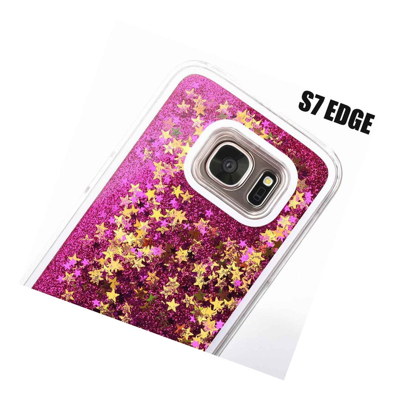 For Samsung Galaxy S7 Edge Pink Hard Flowing Liquid Case Waterfall Glitter Star