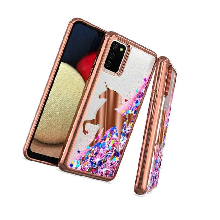 For Samsung Galaxy A02S Floating Water Liquid Glitter Case Rose Gold Unicorn