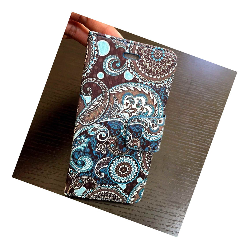 For Iphone 7 8 Plus Blue Paisley Flower Card Wallet Pouch Diary Case Cover