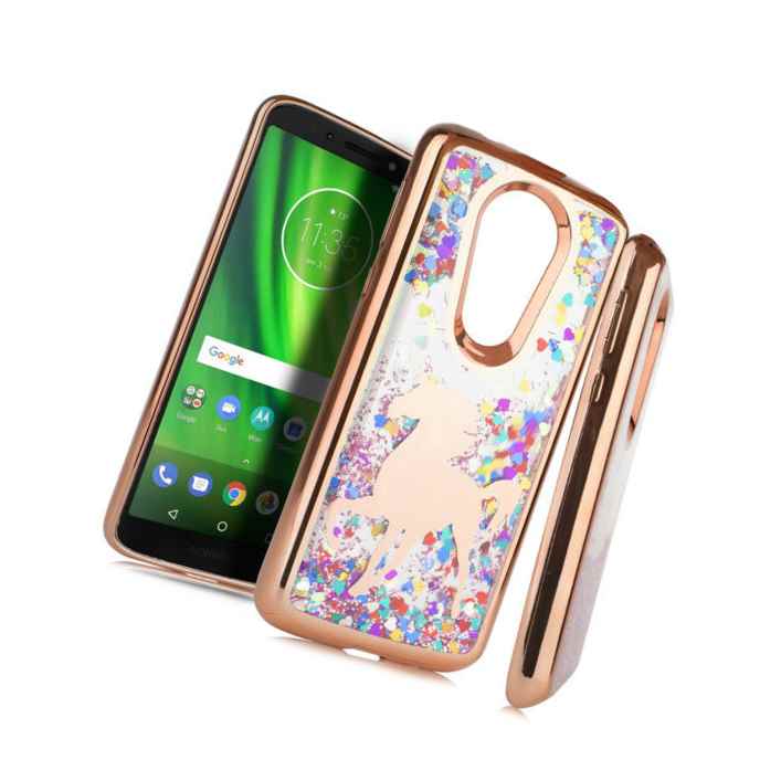 Motorola Moto E5 Plus Waterfall Liquid Glitter Hearts Case Rose Gold Unicorn